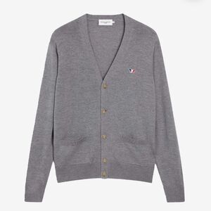 NWT Maison Kitsune Unisex Tricolor Fox Patch Classic Cardigan Grey Melange Med